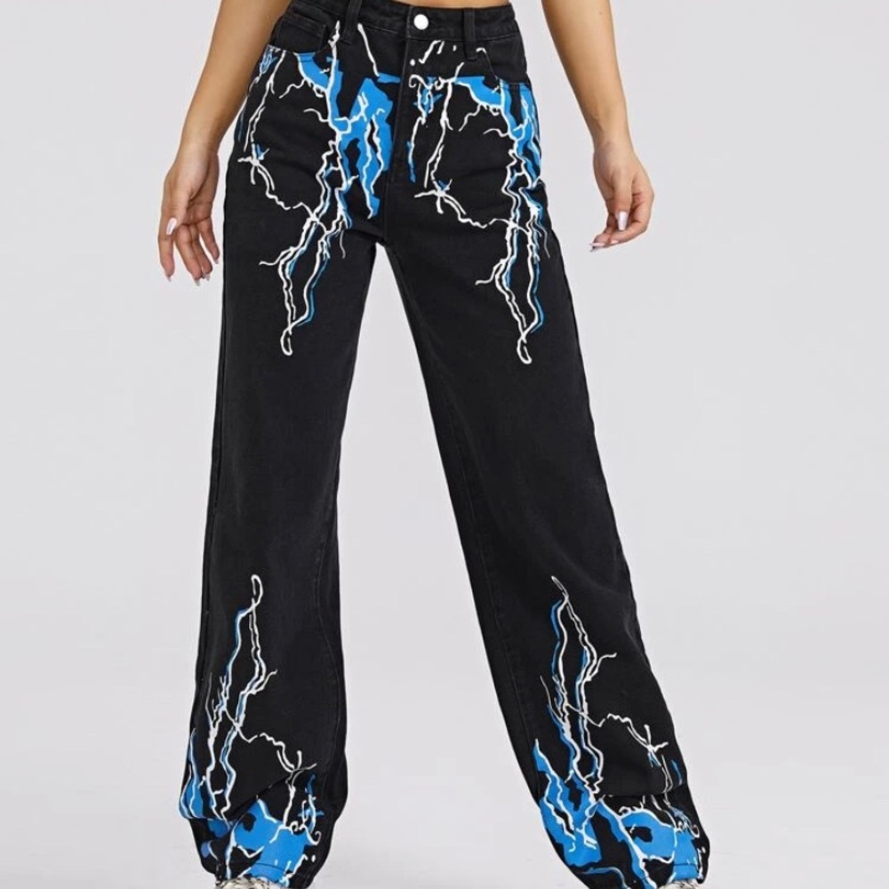 Black with blue flames pants